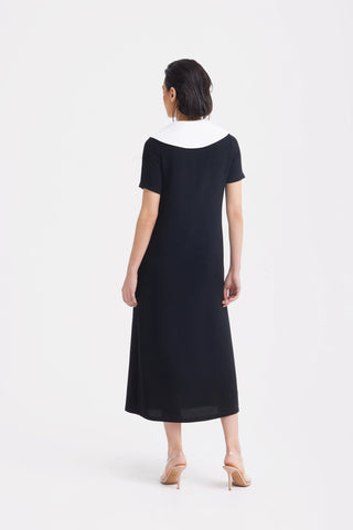 Straight Midi Shirt Dress With Adjustable Collar – Black