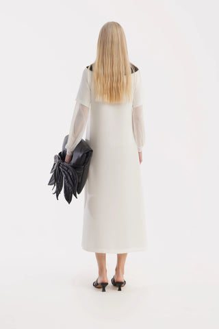 Rochie tip cămașă midi, croială dreaptă, cu guler reglabil — alb