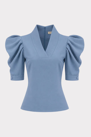 Top cu decolteu în V și mâneci bufante – albastru