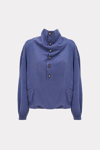 High-Neck Button-Up Loose Fit Blouse Faux Suede Pale Blue