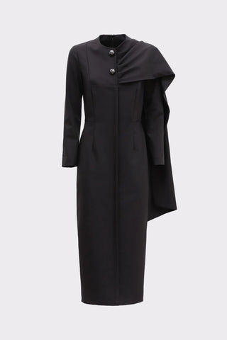Architectural Cape Sheath Midi Dress Black