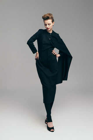 Architectural Cape Sheath Midi Dress Black