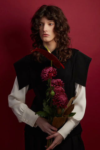 Tailored Blazer-Style Blouse With Satin Sleeves - Black & Ivory