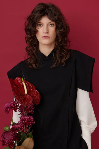 Tailored Blazer-Style Blouse With Satin Sleeves - Black & Ivory