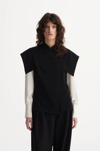 Tailored Blazer-Style Blouse With Satin Sleeves - Black & Ivory