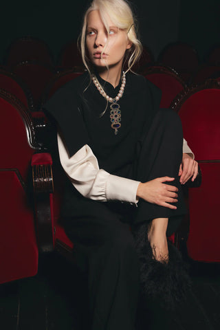 Tailored Blazer-Style Blouse With Satin Sleeves - Black & Ivory