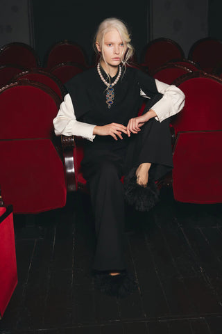 Tailored Blazer-Style Blouse With Satin Sleeves - Black & Ivory