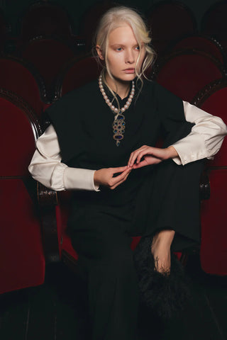 Tailored Blazer-Style Blouse With Satin Sleeves - Black & Ivory