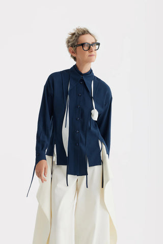 Artistic Asymmetric Textured Viscose Blouse - Navy