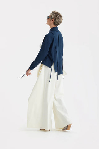 Artistic Asymmetric Textured Viscose Blouse - Navy