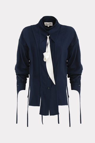 Artistic Asymmetric Textured Viscose Blouse - Navy