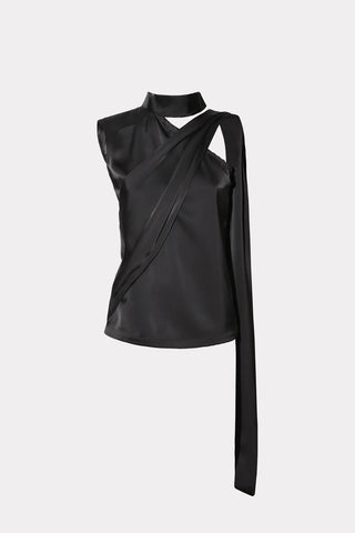 Asymmetrical Satin Top With Choker Collar Black