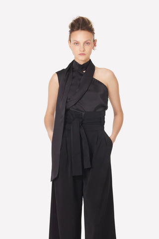 Top Asimetric din Satin cu Guler Tip Choker Negru