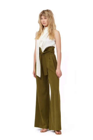 Dark Olive High Waist Long Wide Leg Trousers