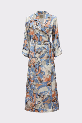 Belted Double-Breasted Trench Dress Pastel Abstract Print