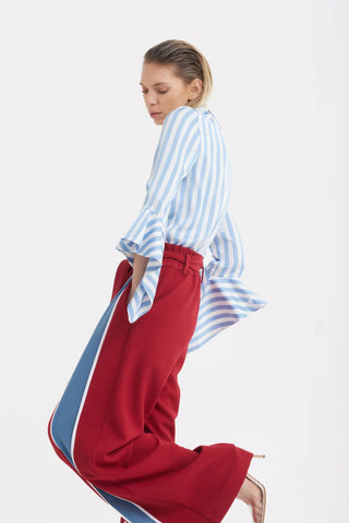 Pantaloni cu talie înaltă, croială largă, cu cordon — bordo