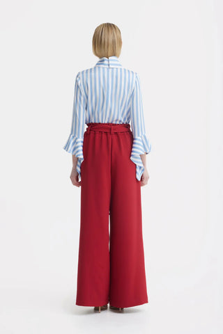 Pantaloni cu talie înaltă, croială largă, cu cordon — bordo