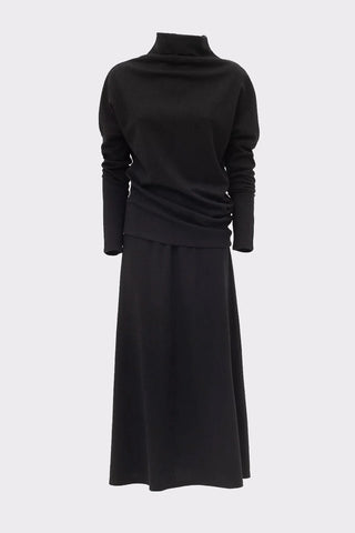 Rib Knit Suit Asymmetric Blouse & Basic Skirt Black