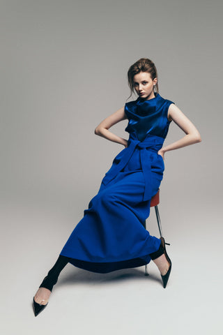 Blue High Waist A-Line Long Skirt With Belt