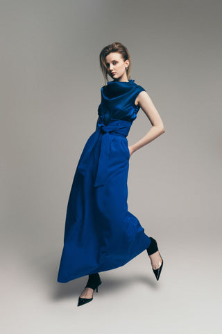 Blue High Waist A-Line Long Skirt With Belt