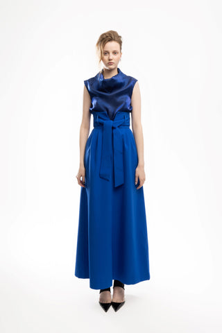 Blue High Waist A-Line Long Skirt With Belt