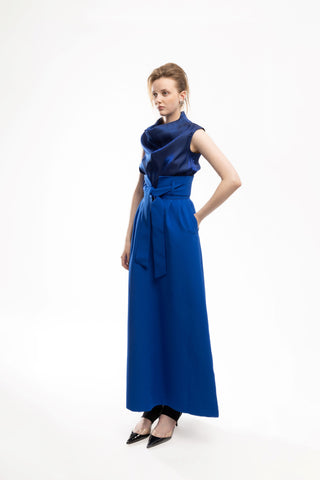 Blue High Waist A-Line Long Skirt With Belt