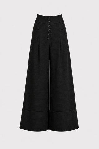Button Front Palazzo Trousers - Black Micro Dot