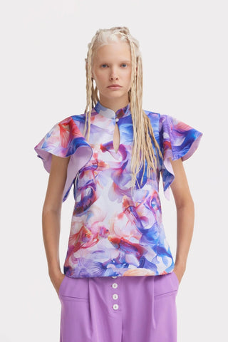 Stand Collar Ruffle Sleeve Blouse – Fish Print