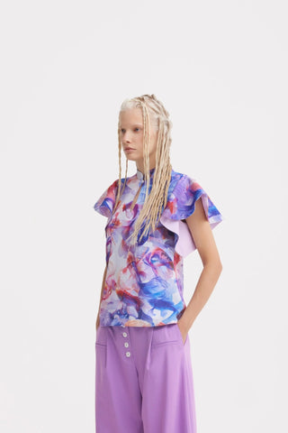 Stand Collar Ruffle Sleeve Blouse – Fish Print