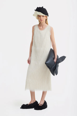 Rochie midi fără mâneci din material texturat tip pile — ivoire