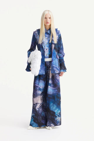 Wide-Leg Abstract Blue Print Trousers With Contrasting Waistband
