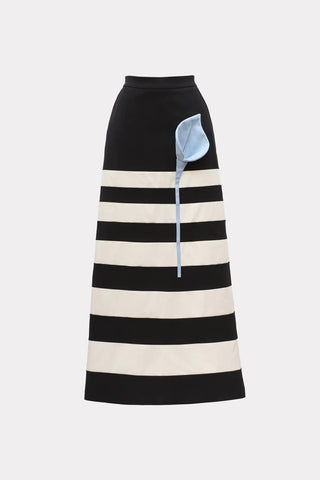 Contemporary Striped A-Line Skirt, Floral Detail– Black-White