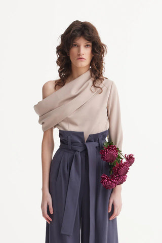 Cowl-Neck One Shoulder Blouse Beige