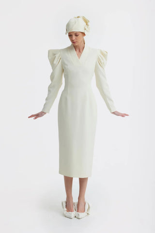 Креповое платье миди с акцентными рукавами — айвори