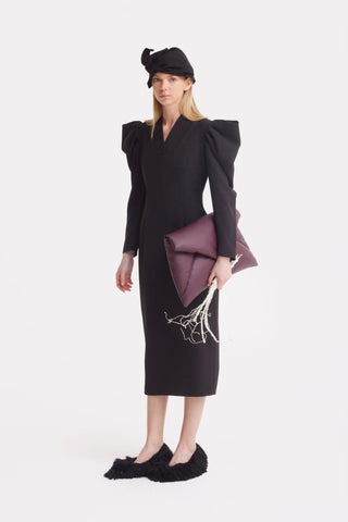 Rochie midi din crep cu mâneci statement — neagră