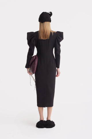 Rochie midi din crep cu mâneci statement — neagră