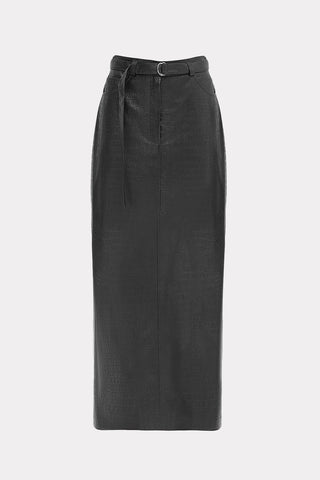 Croc-Effect Faux Leather Straight Long Skirt With Belt - Black