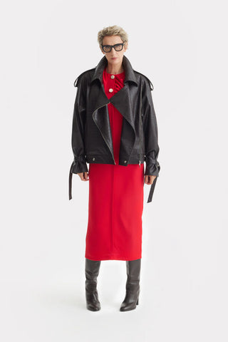 Architectural Cape Sheath Midi Dress Red