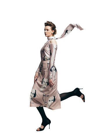 Draped Shoulder Long-Sleeve Printed Blouse Pale Pink