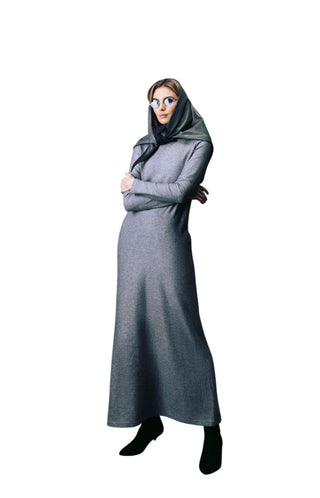 Textured Knit Floor-Length Long Sleeve Dress Grey
