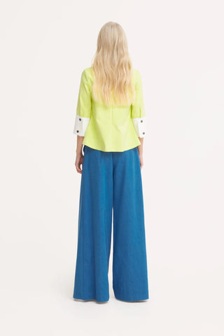High-Waisted Denim Wrap Trousers, Skirt Effect - Blue