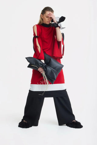 Designer Straight Slit-Sleeve Midi Dress – Red Black