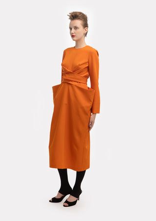 Rochie midi de designer cu curea, portocalie