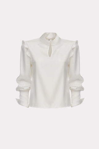 Designer Satin Blouse With Bishop Sleeves And Stand Collar — Ivory