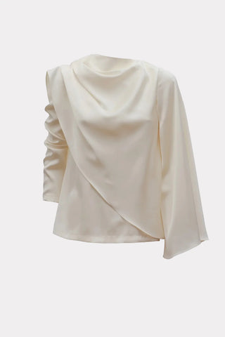 Draped Satin Blouse With Asymmetrical Sleeve Ivory