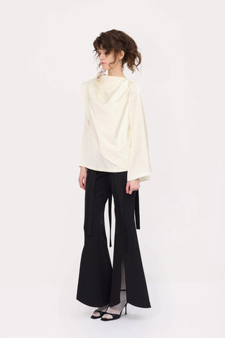 Draped Satin Blouse With Asymmetrical Sleeve Ivory