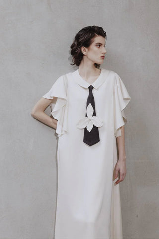 Double-Layer Satin Midi Dress With Tie Detail – Ivory