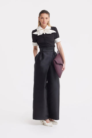 Элегантные брюки из шёлковой органзы с высокой талией - чёрные