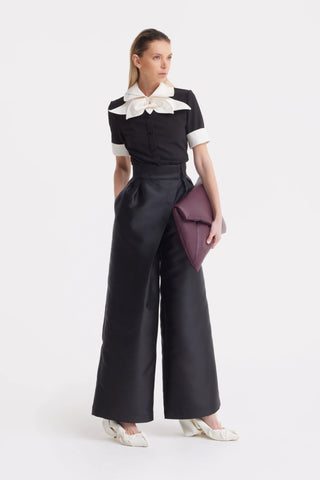 Pantaloni eleganți din organza de mătase cu talie înaltă - negri