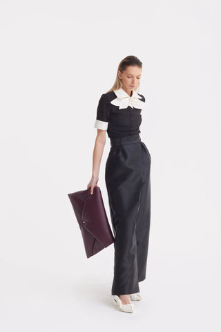 Pantaloni eleganți din organza de mătase cu talie înaltă - negri